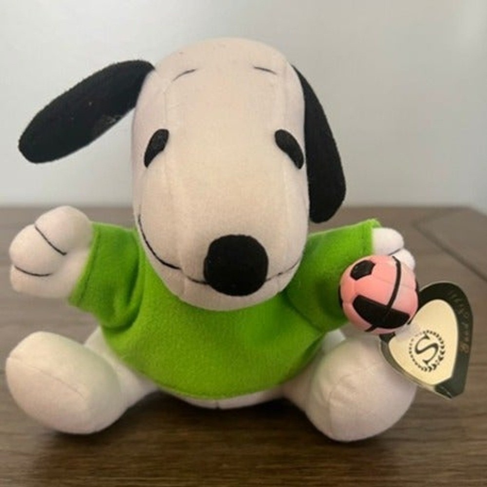 Snoopy Peanuts Plush Soccer Player Green Shirt Pink Ball Stuffed Animal Toy